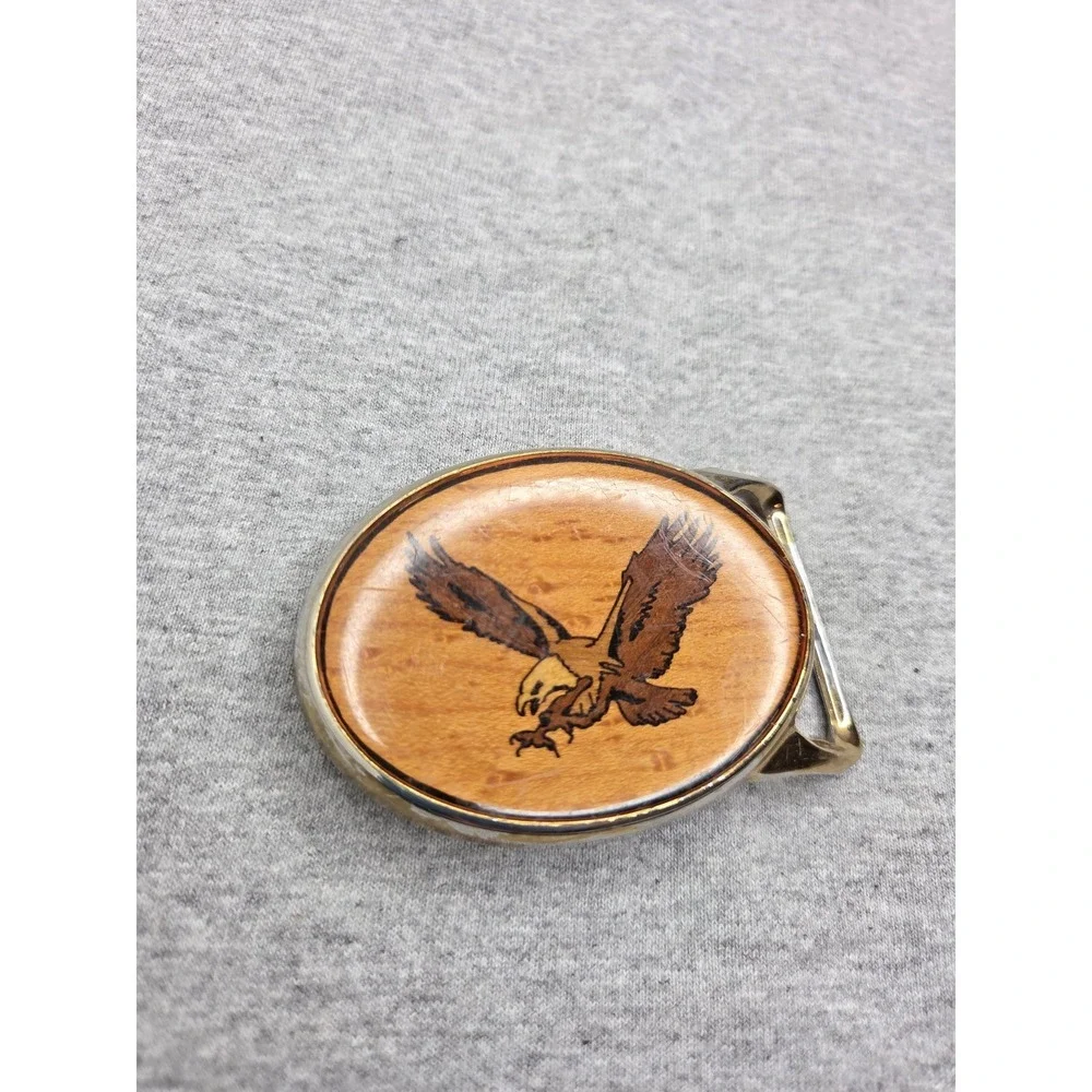 Vintage Von West Solid Brass Soaring Eagle Wood Inlay Heavy Rare Belt Buckle